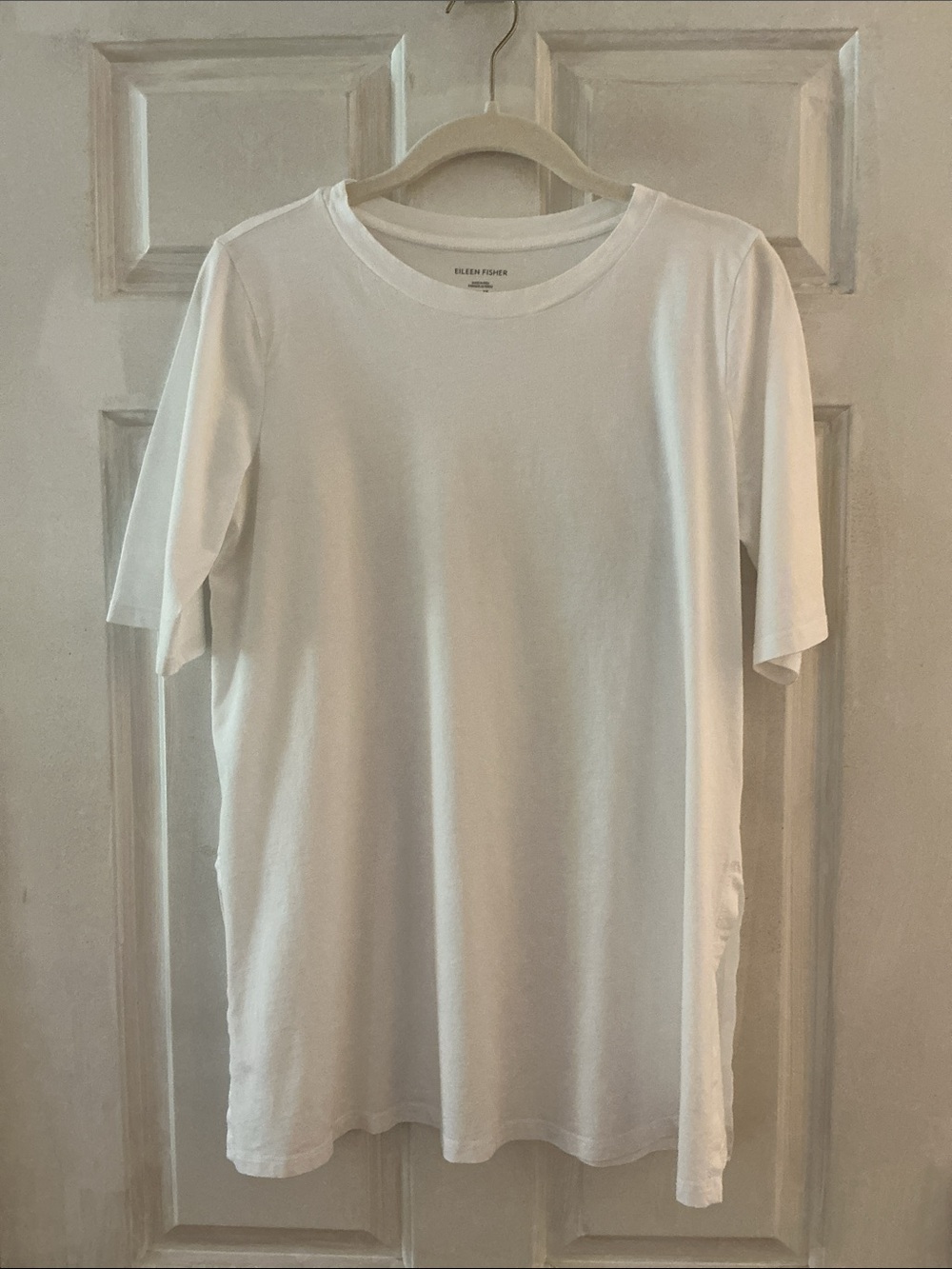 Eileen Fisher White Crew Neck Short Sleeve Pima Cotton Jersey Tunic Top EUC XS